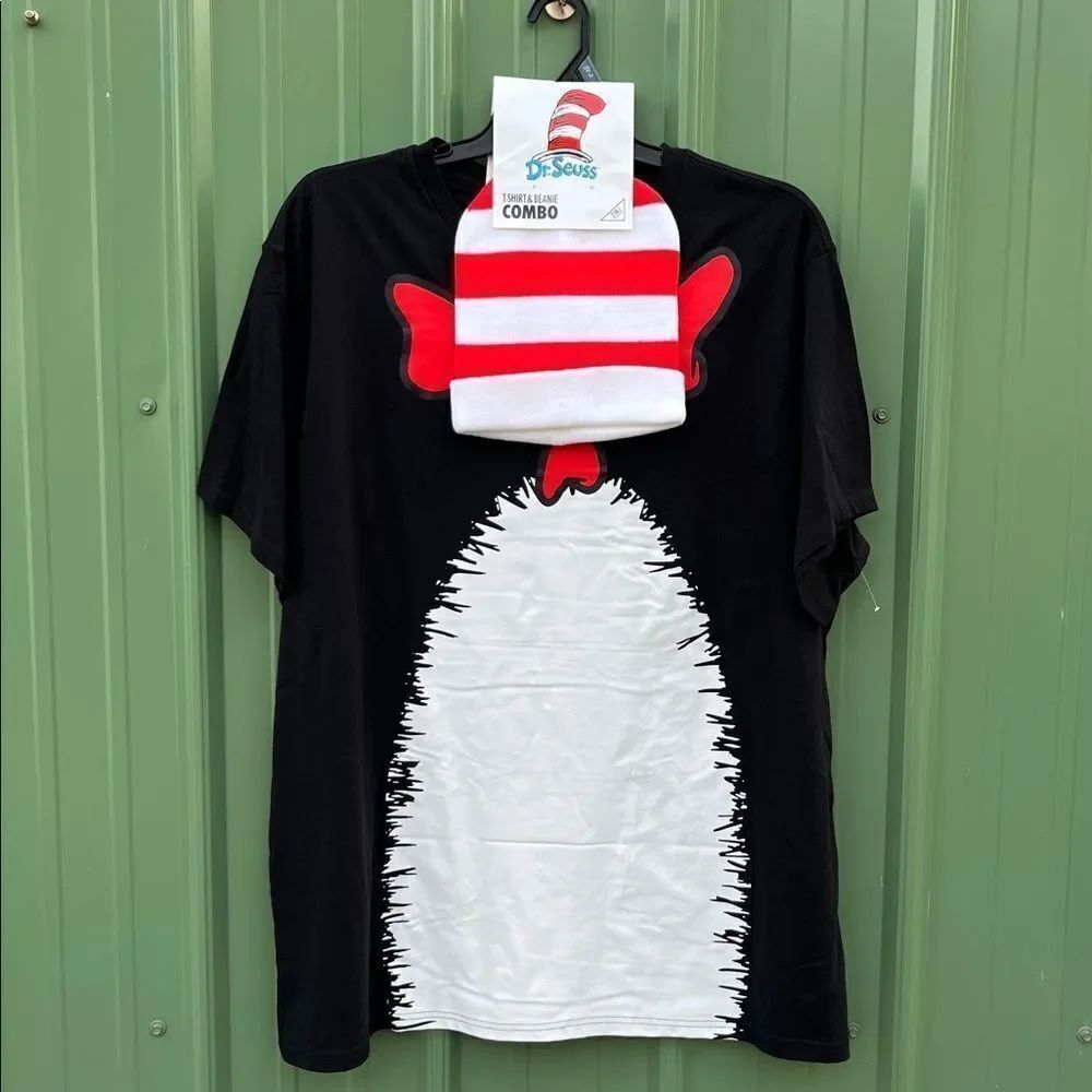 Men’s The Cat In The Hat Graphic Halloween T-Shirt and Matching Beanie, Size 3XL